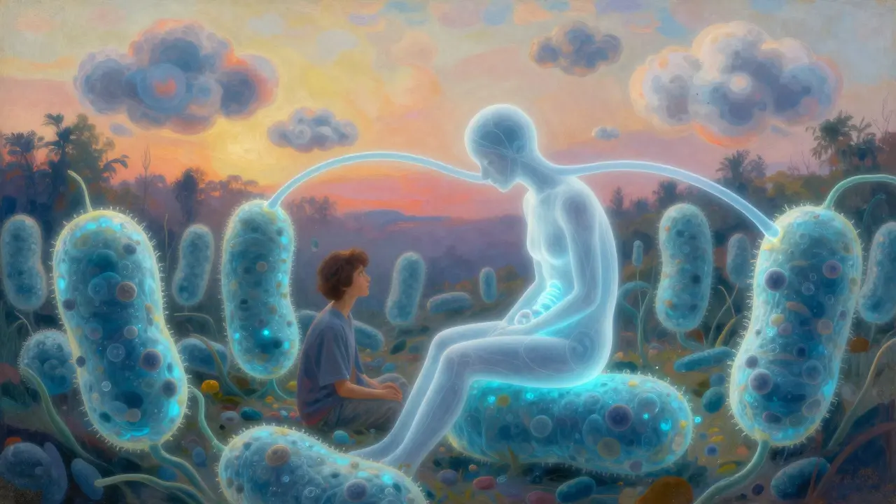 A person in a garden is connected to glowing probiotic bacteria and a translucent vagus nerve bridge, with calming light and floating anxiety clouds.