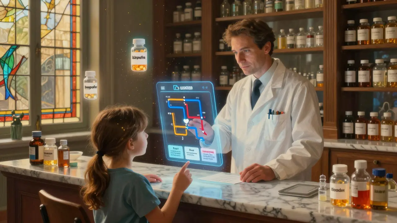 A pharmacist and caregiver viewing a floating interaction map in a luminous, classical pharmacy.