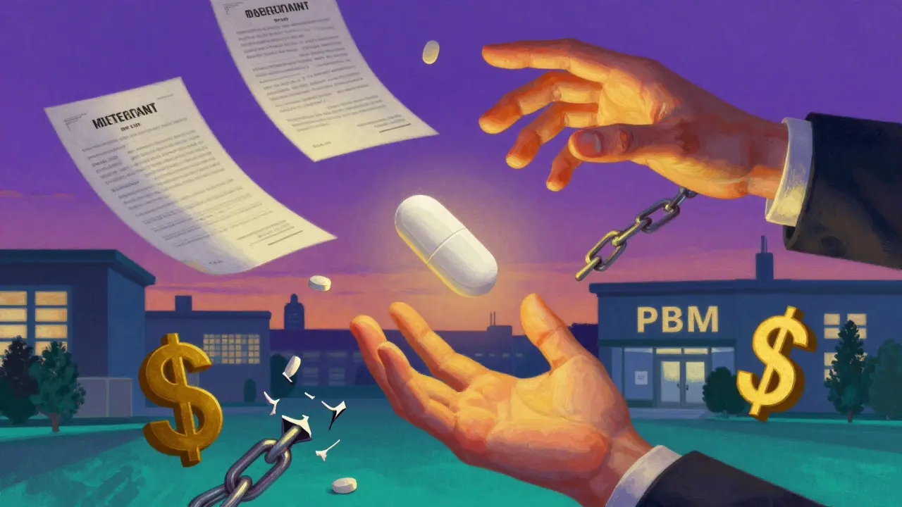 A single generic pill floats between patient and PBM hands, surrounded by legal documents and dollar signs in a dreamlike twilight scene.