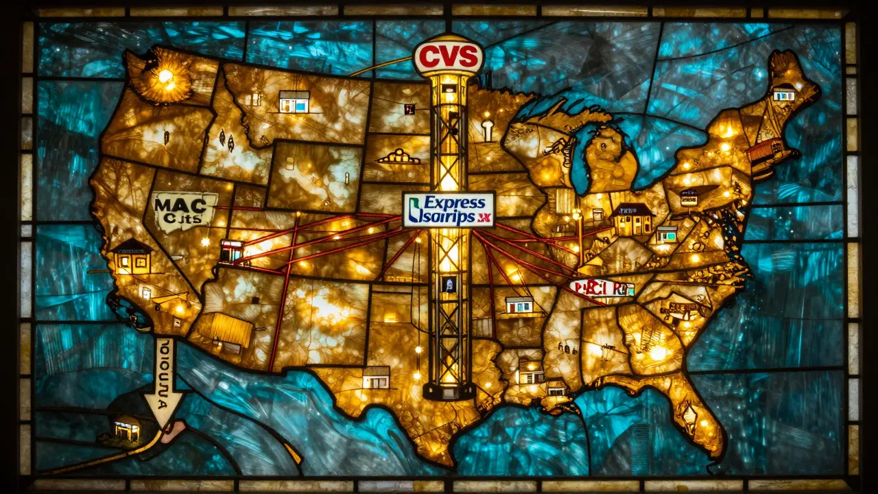 A stained-glass map of the U.S. shows corporate PBM towers draining light from small pharmacies under descending MAC rate arrows.