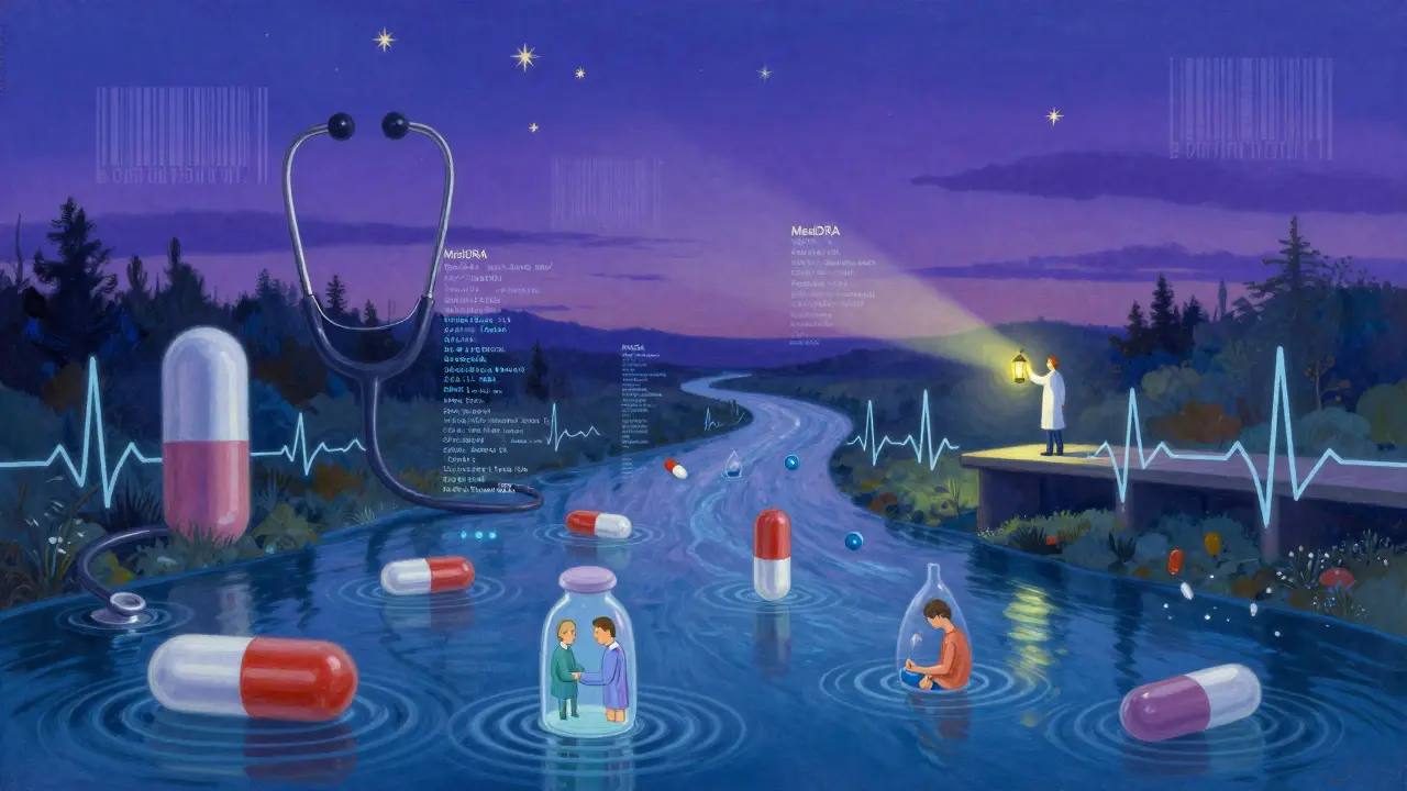 A surreal data river flows through medical symbols, with a figure on a code bridge holding a lantern.