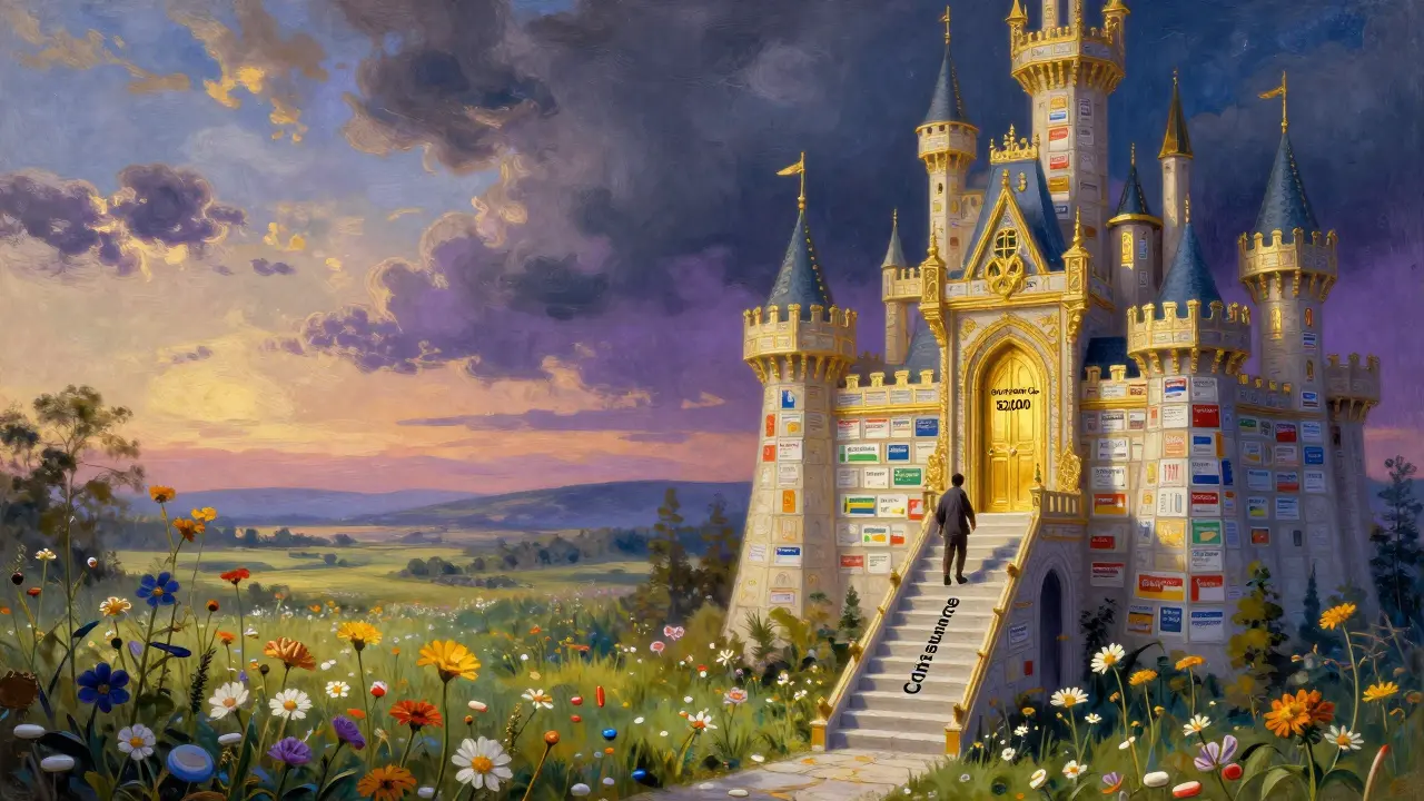 A symbolic landscape showing affordable generics in a peaceful meadow versus a costly brand-name castle under stormy skies.