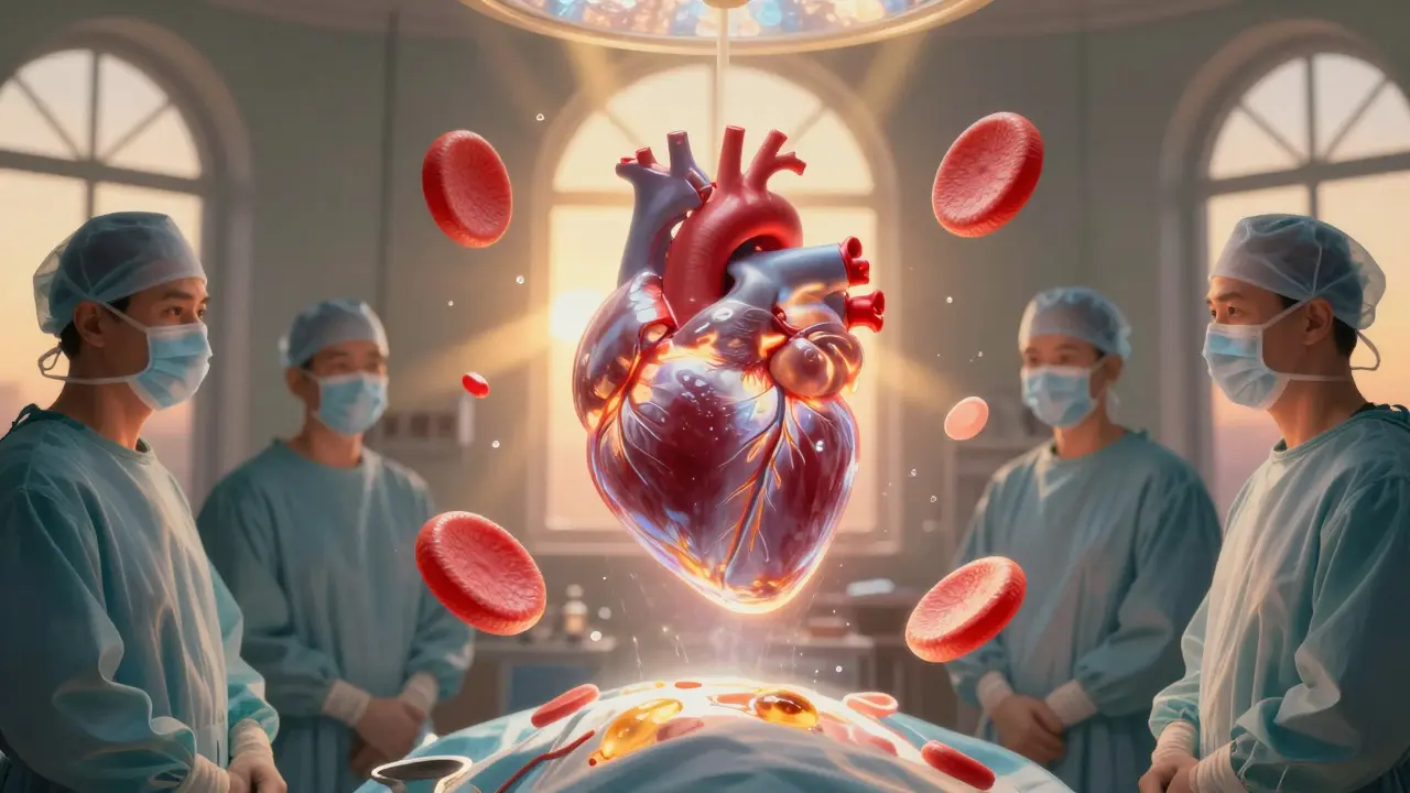 A translucent heart hovers with glowing platelets, bathed in golden sunrise rays in a serene surgical scene.