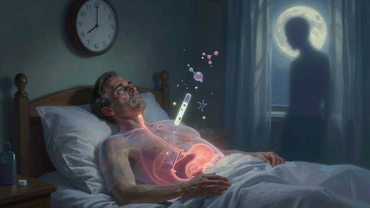 A transparent man in a bedroom reveals his damaged esophagus glowing salmon-pink, with a clock showing 10+ years and a shadowy cancer figure.