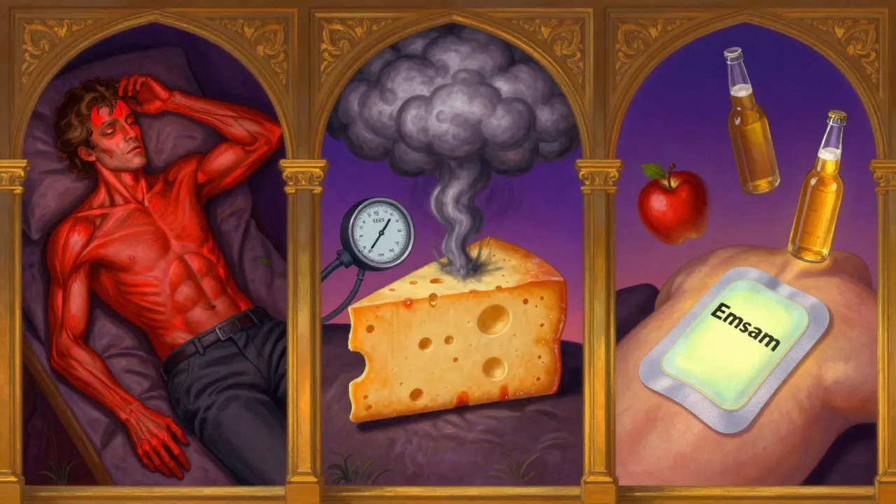 A triptych depicting serotonin syndrome, hypertensive crisis, and the safe Emsam patch amid ornate gilded frames and luminous colors.