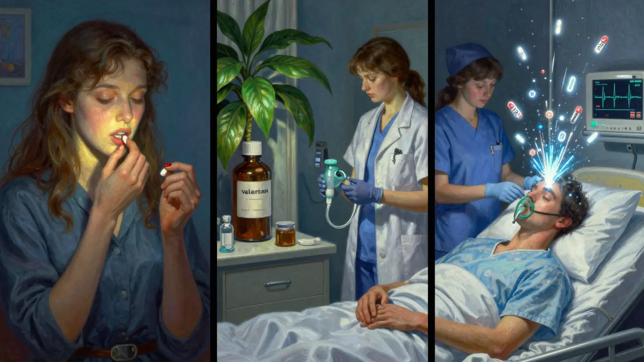 A triptych showing valerian use before surgery, unnoticed by staff, ending in hospital crisis with glowing neurotransmitters.
