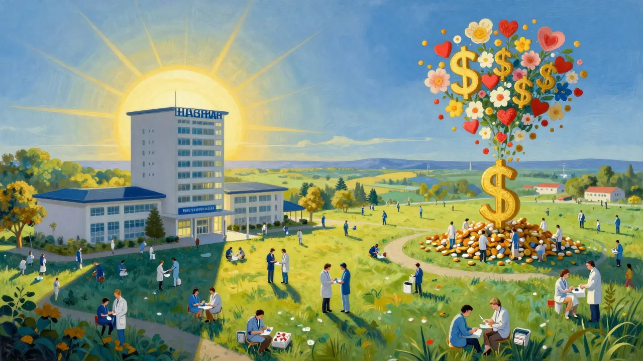 A vast landscape of people receiving pills under a sunrise, with a pharmacy tower and dollar signs turning into flowers.
