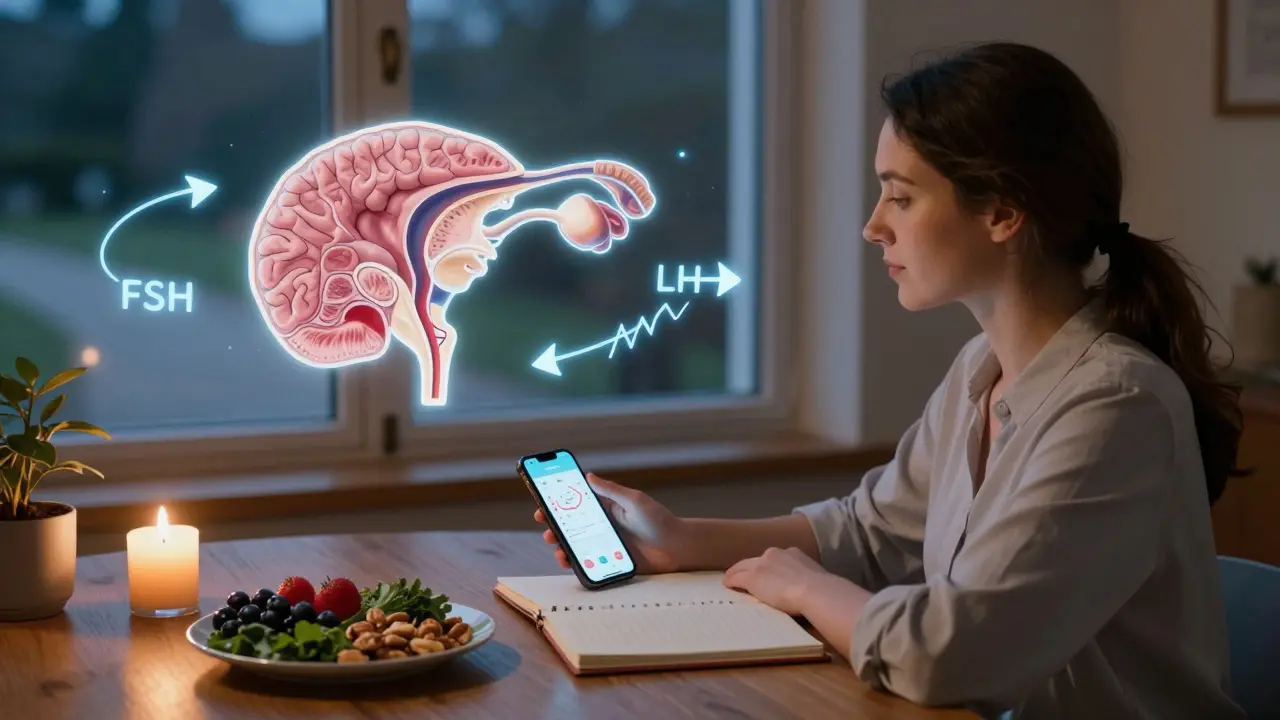A woman at a table with healthy food and a floating diagram of hormonal pathways in soft twilight.