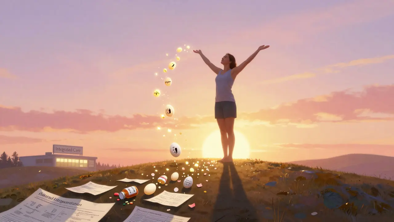 A woman at sunrise releasing glowing eggs like fireflies, symbolizing fertility and healing.