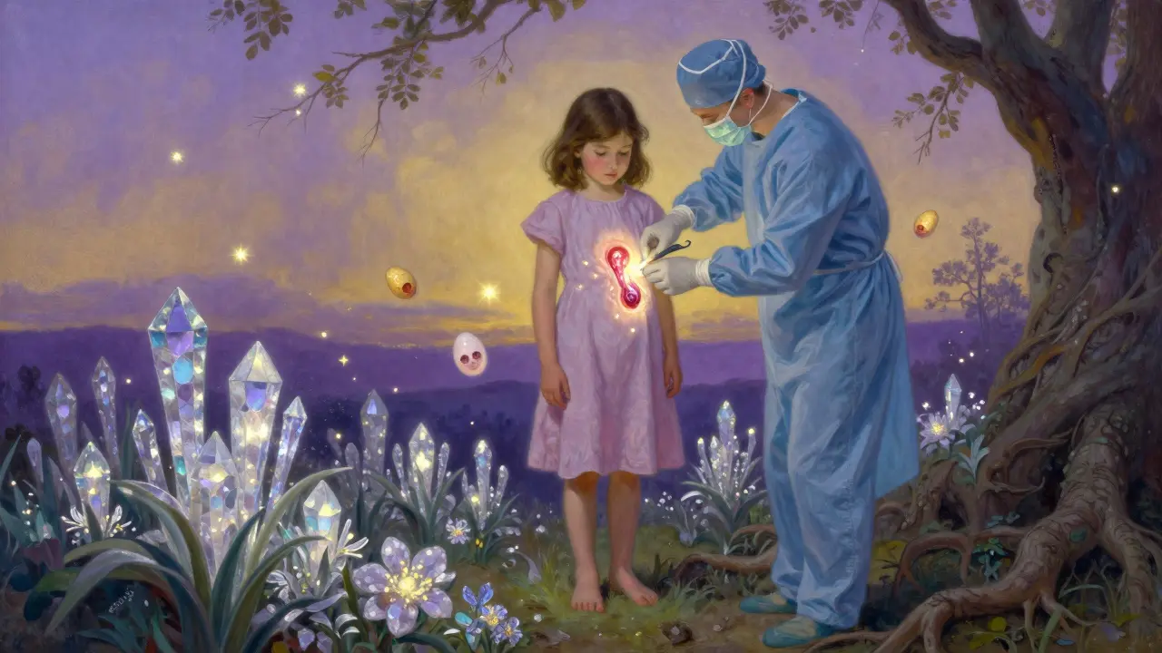 A young girl with a glowing shard of ovarian tissue being removed, surrounded by star-like eggs in a mystical field.