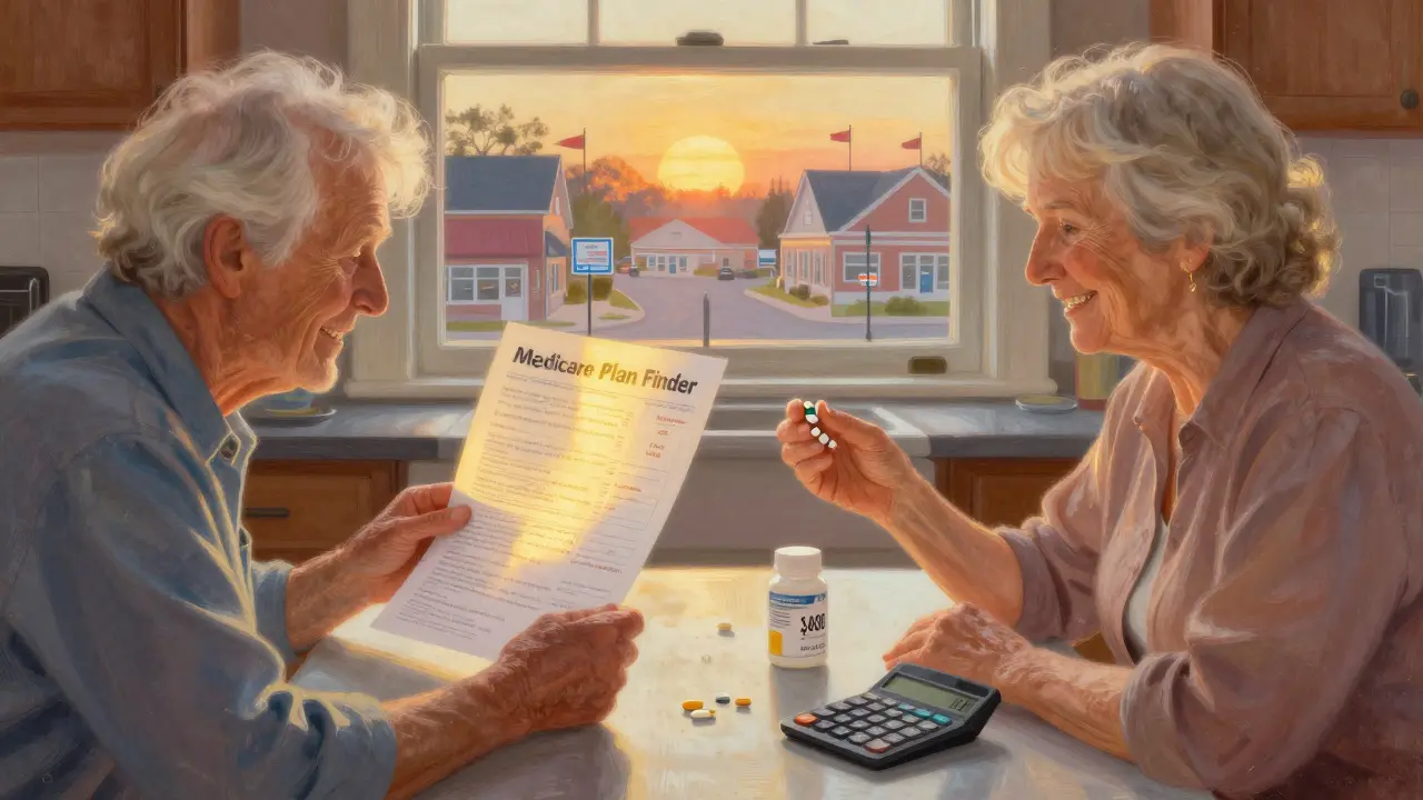 An elderly couple comparing prescription costs at home, with a glowing plan finder and calculator showing savings.