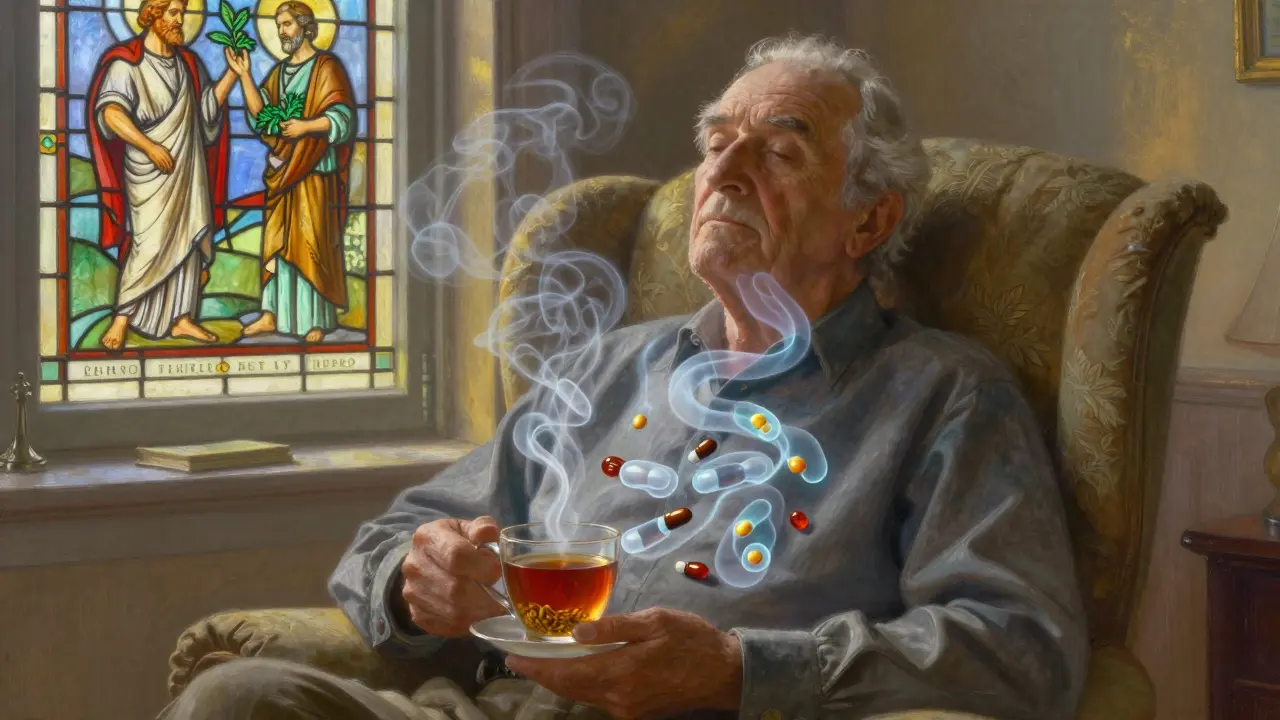 An elderly man at dawn, surrounded by spectral drug molecules coiling around his neck under golden light.