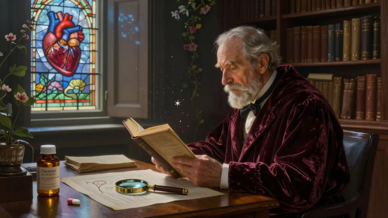 An elderly man reads a medical journal in a moonlit library with fish oil and aspirin on a wooden desk.