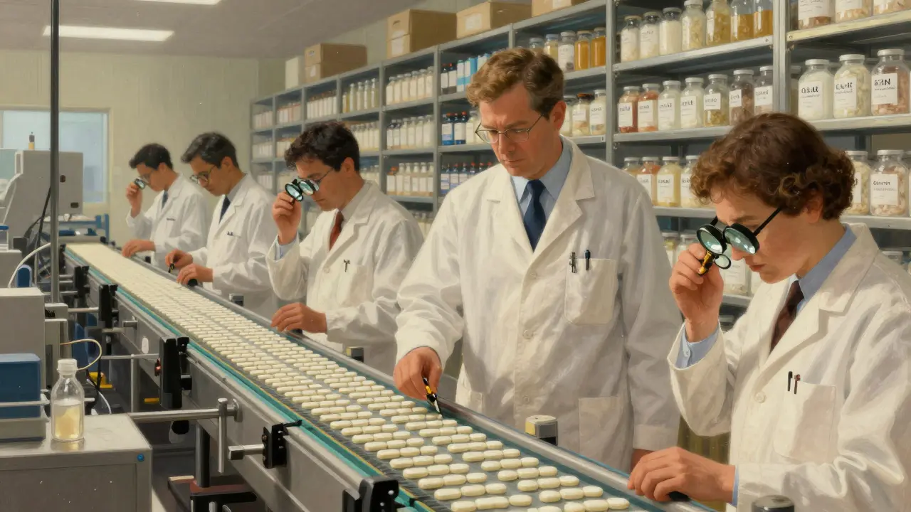 An FDA inspector walking through a sunlit drug factory, examining pills on a conveyor belt with meticulous care.