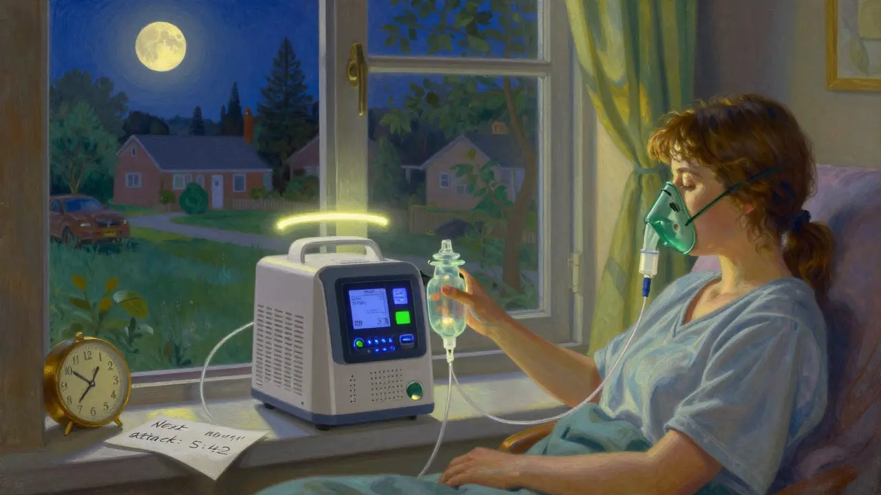 An oxygen concentrator on a windowsill at night, with tubing and a note, bathed in moonlight and soft glowing oxygen.
