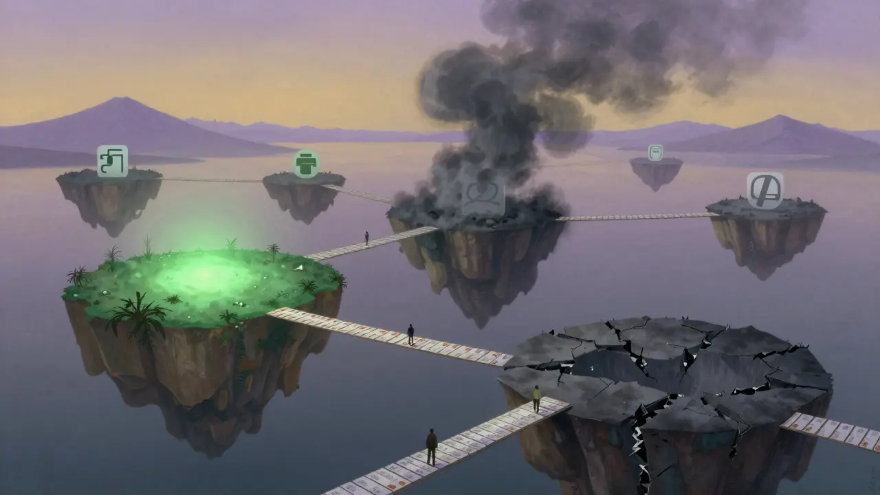 Floating islands of mental health states connect by fragile bridges under a lavender and amber sky.