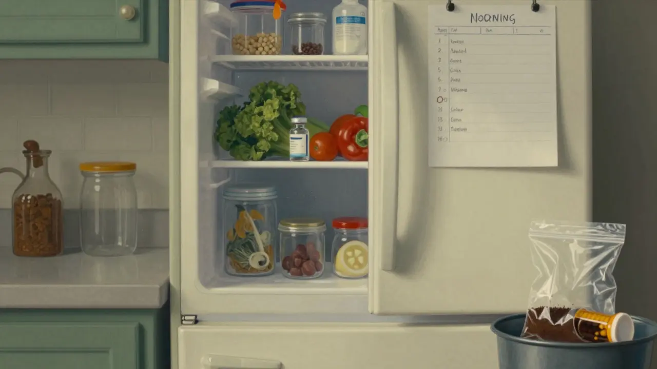 Insulin vial on fridge shelf with thermometer, checklist visible, sunlight on sealed trash bag with disposed meds.
