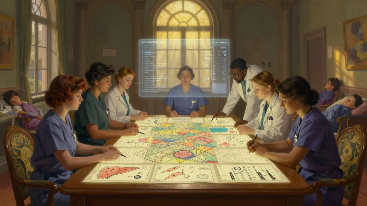 Nurses and researchers studying glowing safety charts under dawn light.