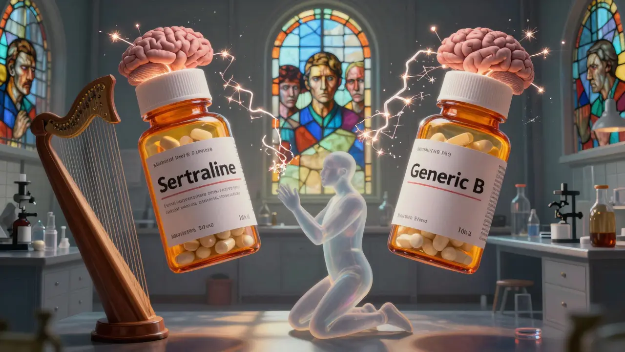 Two pill bottles float above fraying brain circuits, with a translucent figure caught between them at dawn.