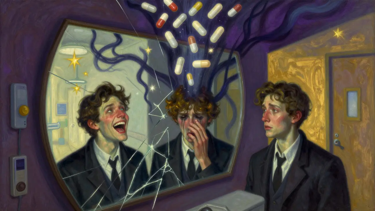 A fractured mirror reflecting three emotional states of one person, with steroid pills hovering like ominous stars.