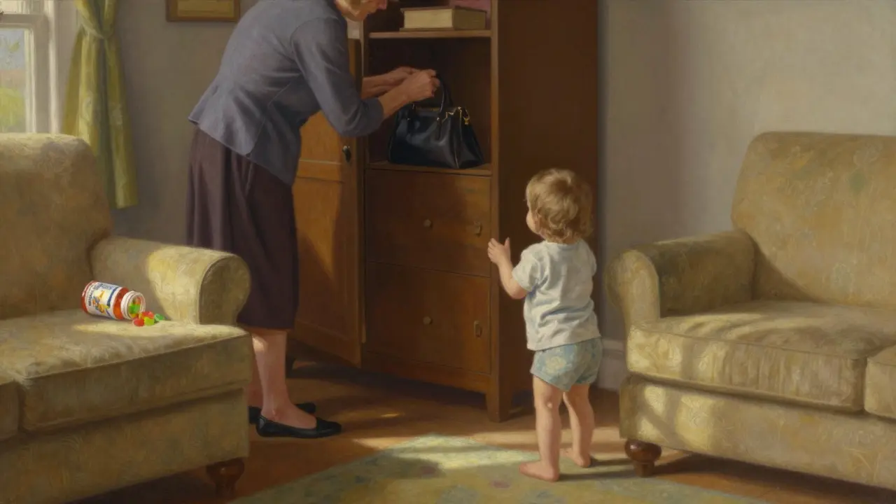 A grandmother stores a purse in a high locked cabinet while a child watches on the floor.