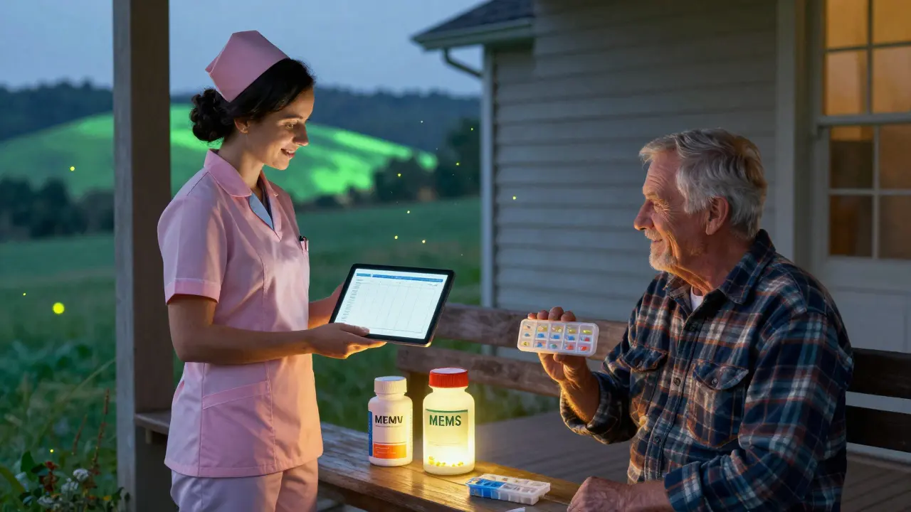 A nurse and elderly man on a porch with pill tracking devices, bathed in twilight glow and fireflies.