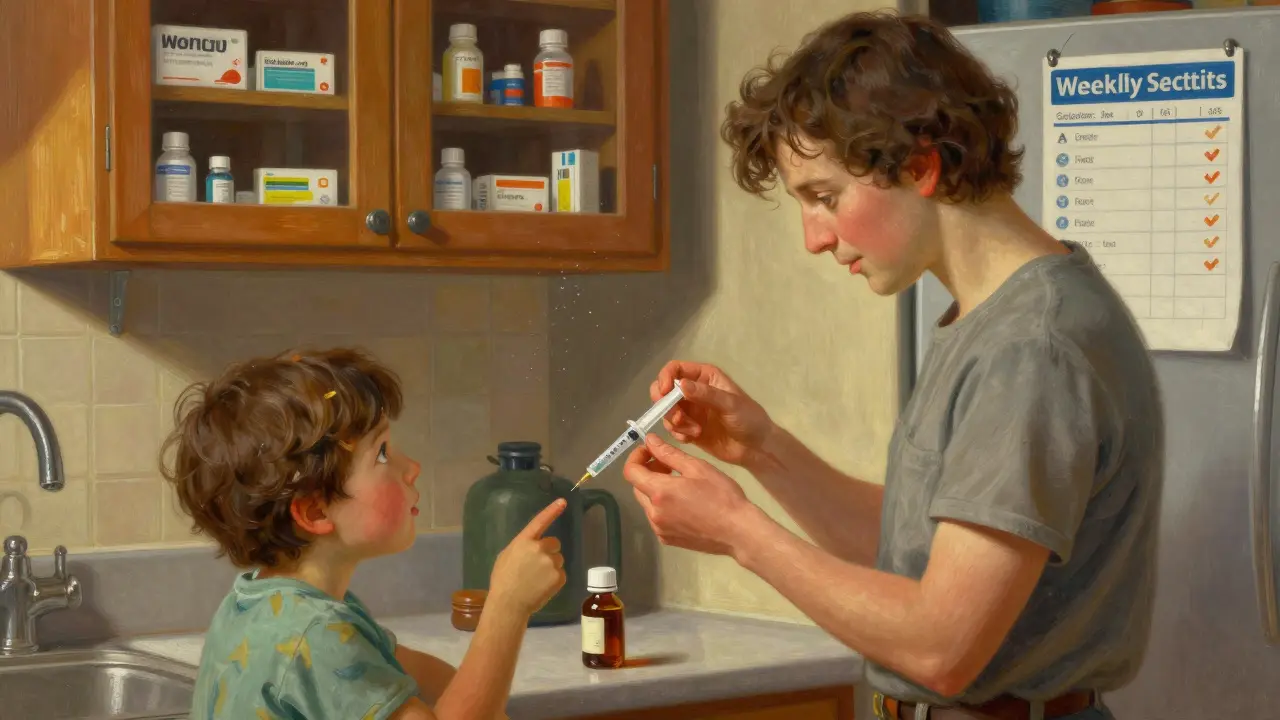 A parent measures medicine with a syringe at the counter, medications safely stored above in a locked cabinet.