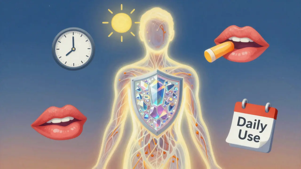 A silhouette protected by glowing zinc oxide shield, with icons of time, lips, and calendar floating nearby.