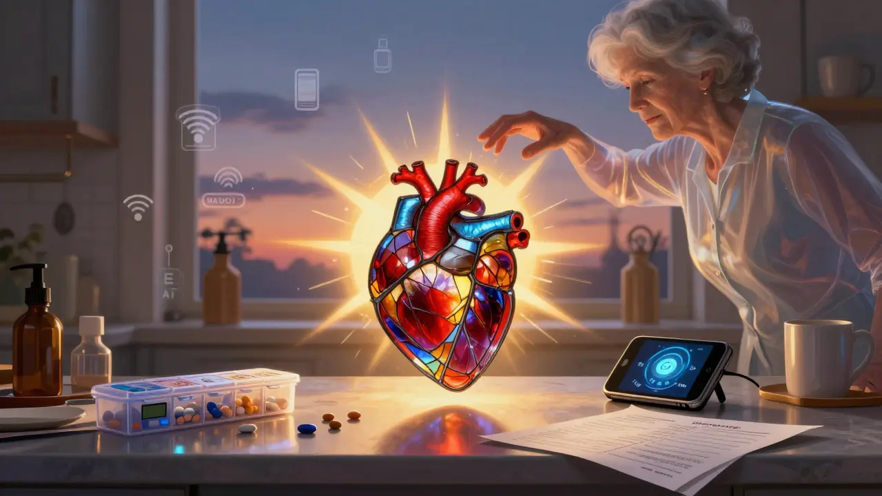 A stained-glass heart above a kitchen counter with medication tools, illuminated by golden rays and floating tech icons.