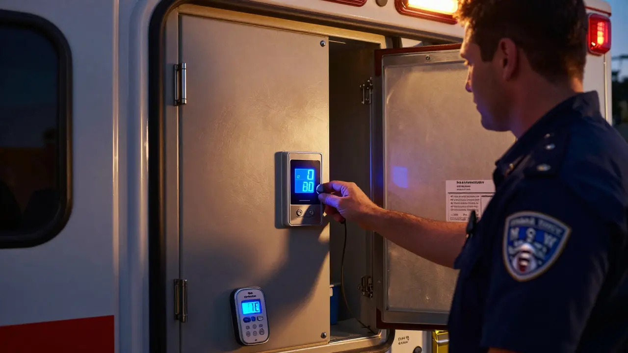 An EMS ambulance cabinet opening with temperature display, illuminated by warm interior light at dusk.