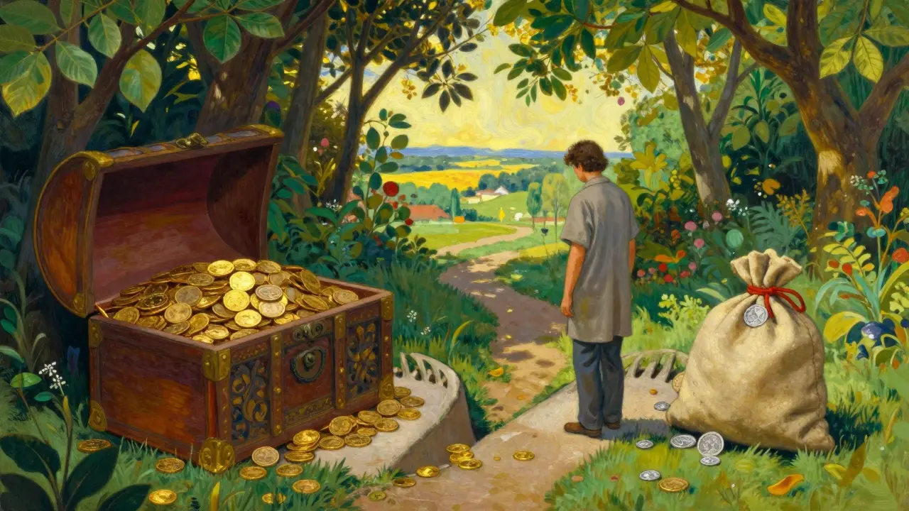 Garden path split with heavy gold coins and small silver pouch