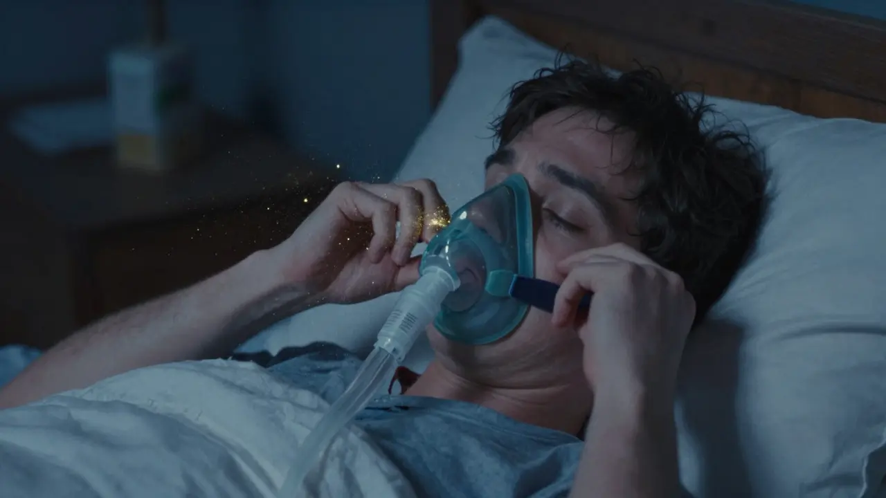 Person adjusting CPAP mask with air leaks as shimmering particles in bedroom.
