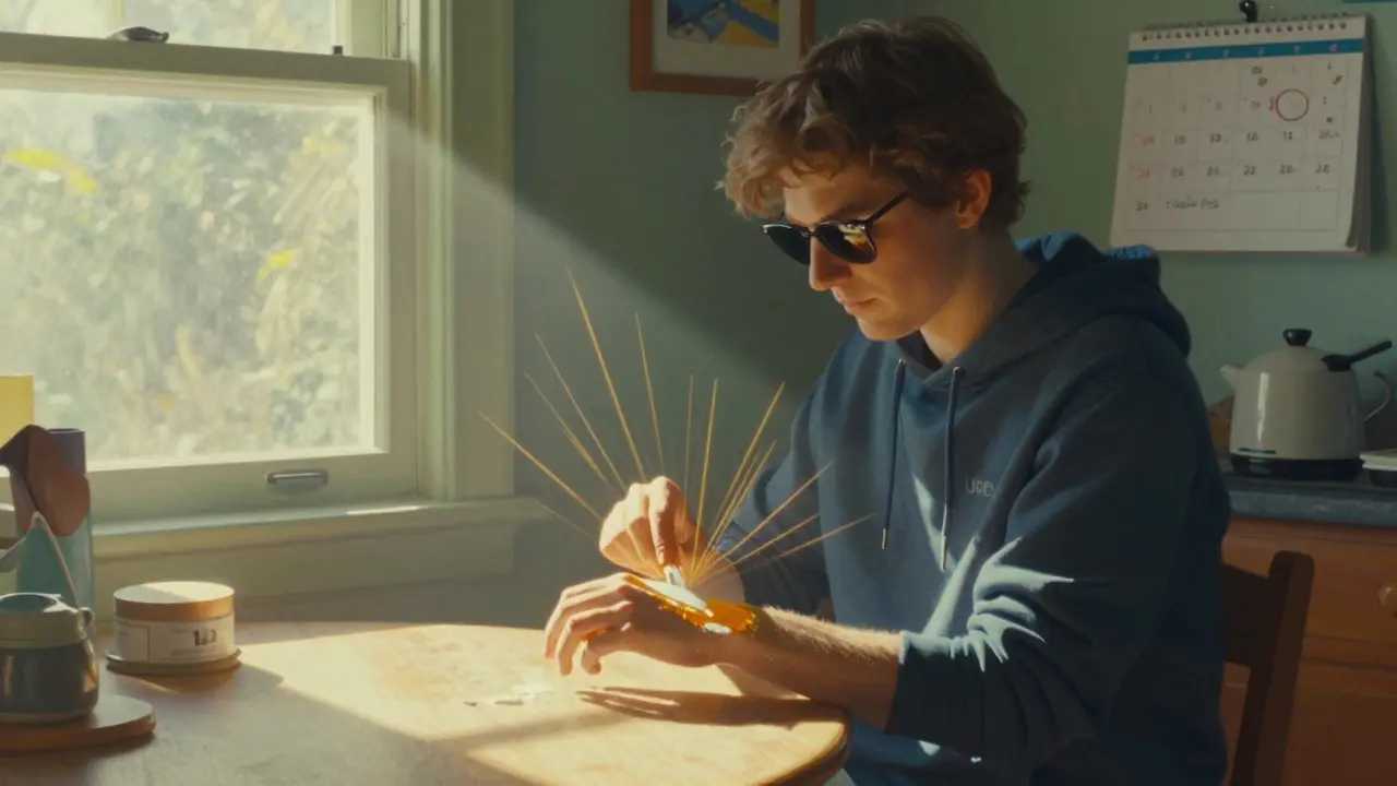 Person applying sunscreen indoors near a window, with visible UV rays and calendar showing extended protection period.