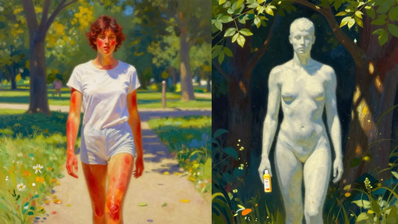 Side-by-side scene: one person sunburned outdoors, another safely shaded in protective gear.