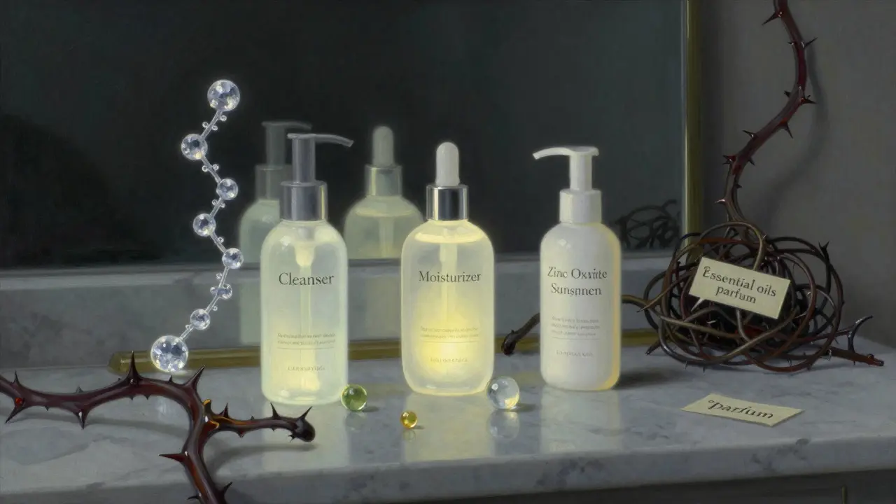 Three simple skincare bottles glowing with healing molecules, while hidden irritants lie discarded nearby.