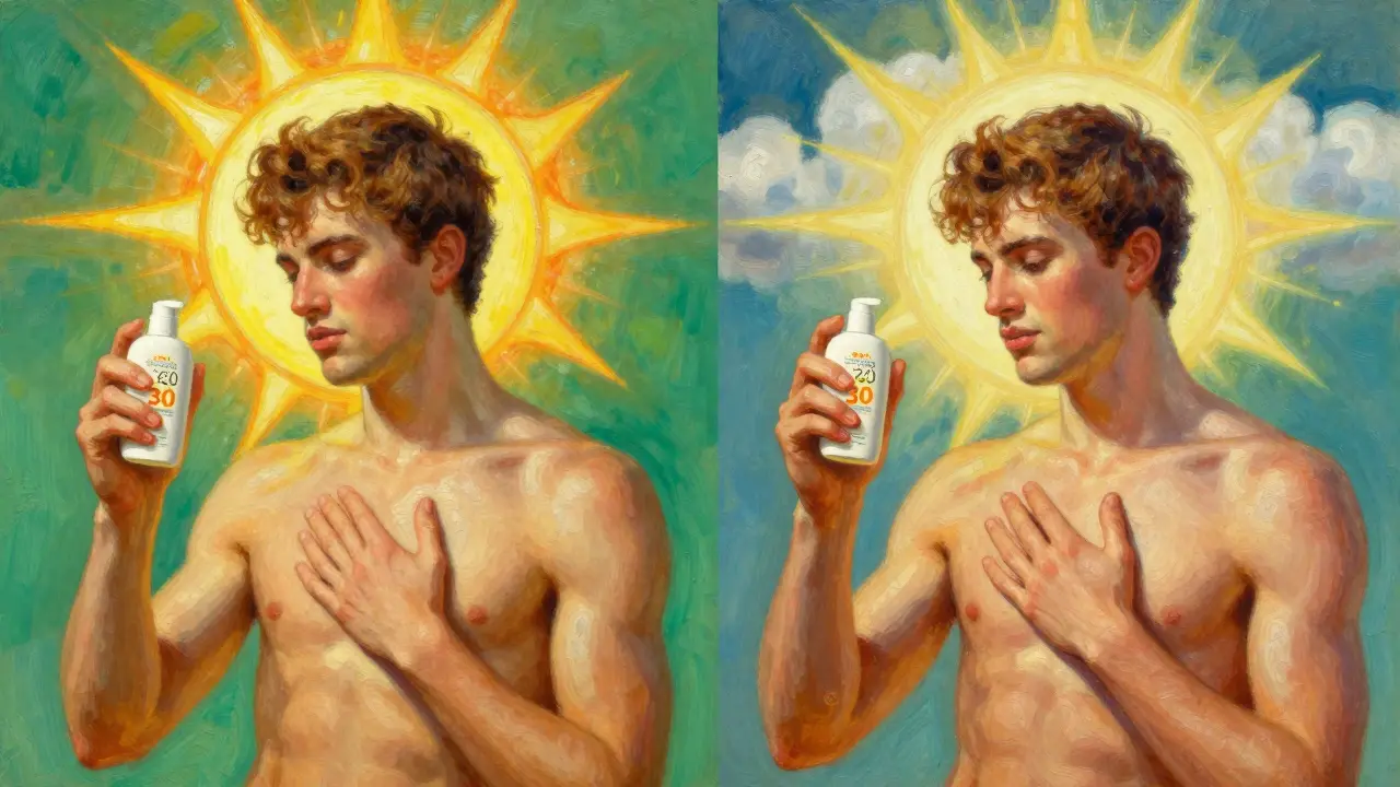 Two figures receiving equal sunscreen protection under sun and clouds, glowing with protective energy.