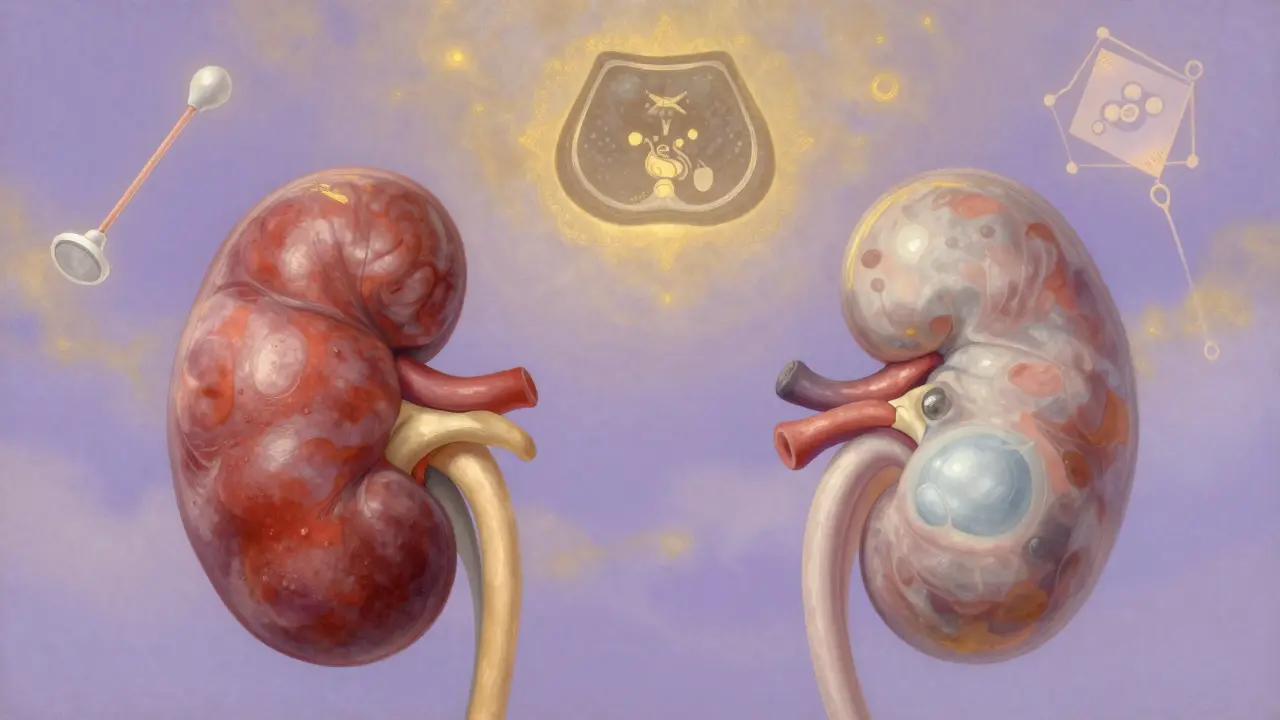 Two kidneys side by side—one healthy, one obstructed—with floating medical icons in a celestial, painterly sky.