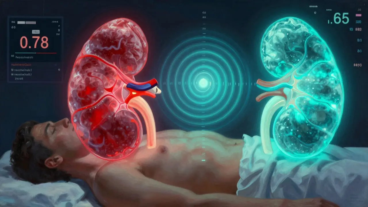 Ultrasound waves transforming into glowing blood flow pathways, one side showing high resistance in warm red, the other steady in cool blue.