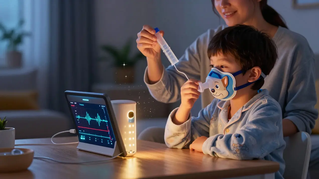 A child breathes through a character mask connected to a smart spacer that glows with feedback lights, while a parent air-dries the device.