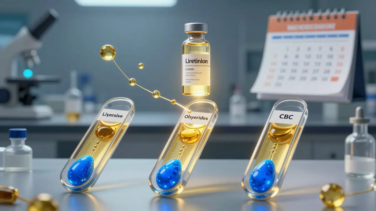 A glowing vial of isotretinoin above floating blood test panels, representing lab monitoring during treatment.
