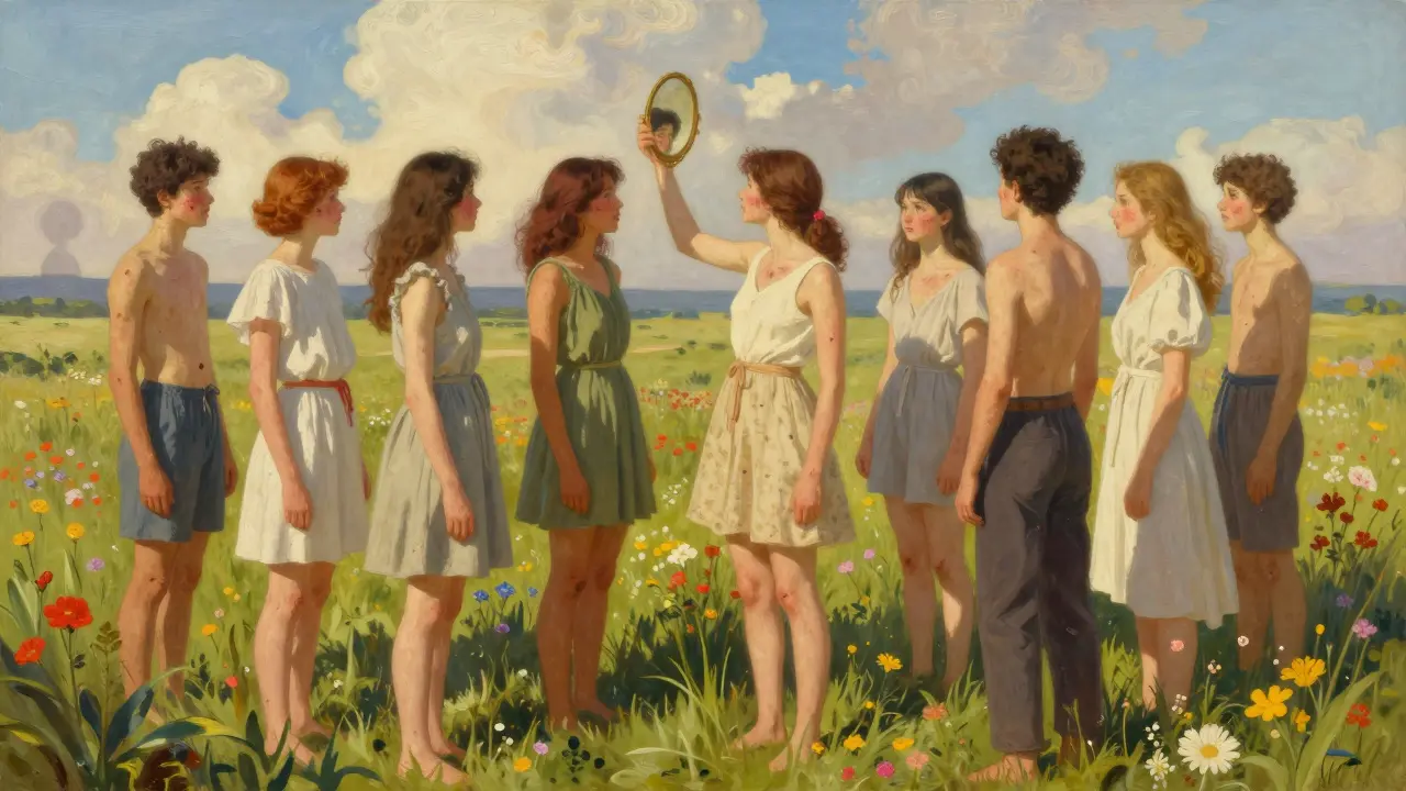 A group of people in a sunlit meadow, free of acne, celebrating restored confidence and clear skin.