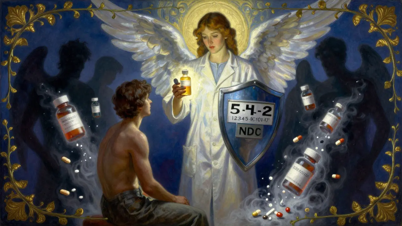 A guardian angel in a lab coat protects a patient with a glowing NDC shield, while incorrect doses fade away.