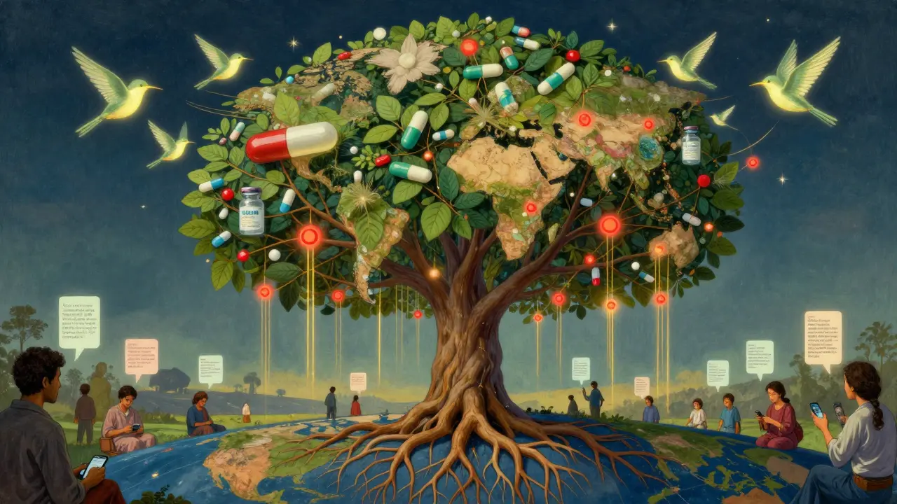 A luminous digital tree with pill-shaped leaves, connecting rich and poor nations through AI and SMS reports.