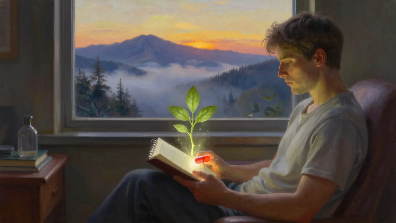 A patient journaling at dawn as symbols of pain relief rise gently, with a misty mountain landscape in the background.