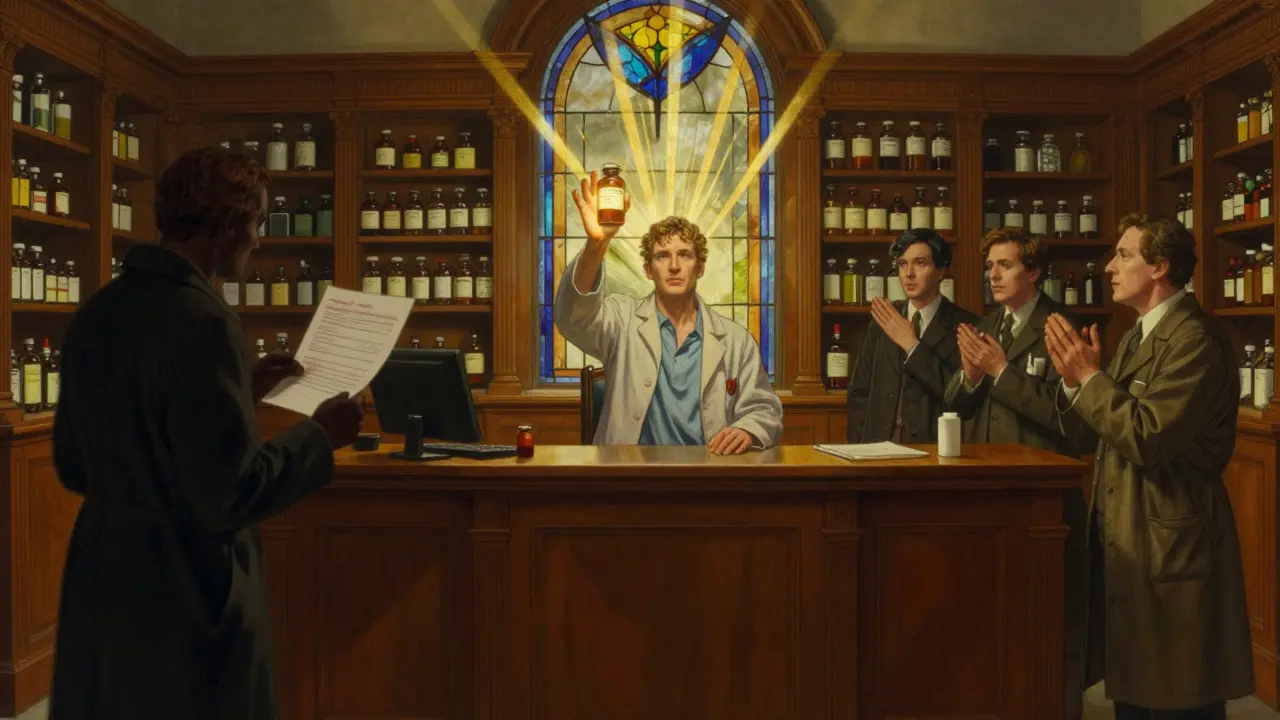 A patient stands before a grand pharmacy counter, holding a glowing prescription as pharmacists nod in approval.