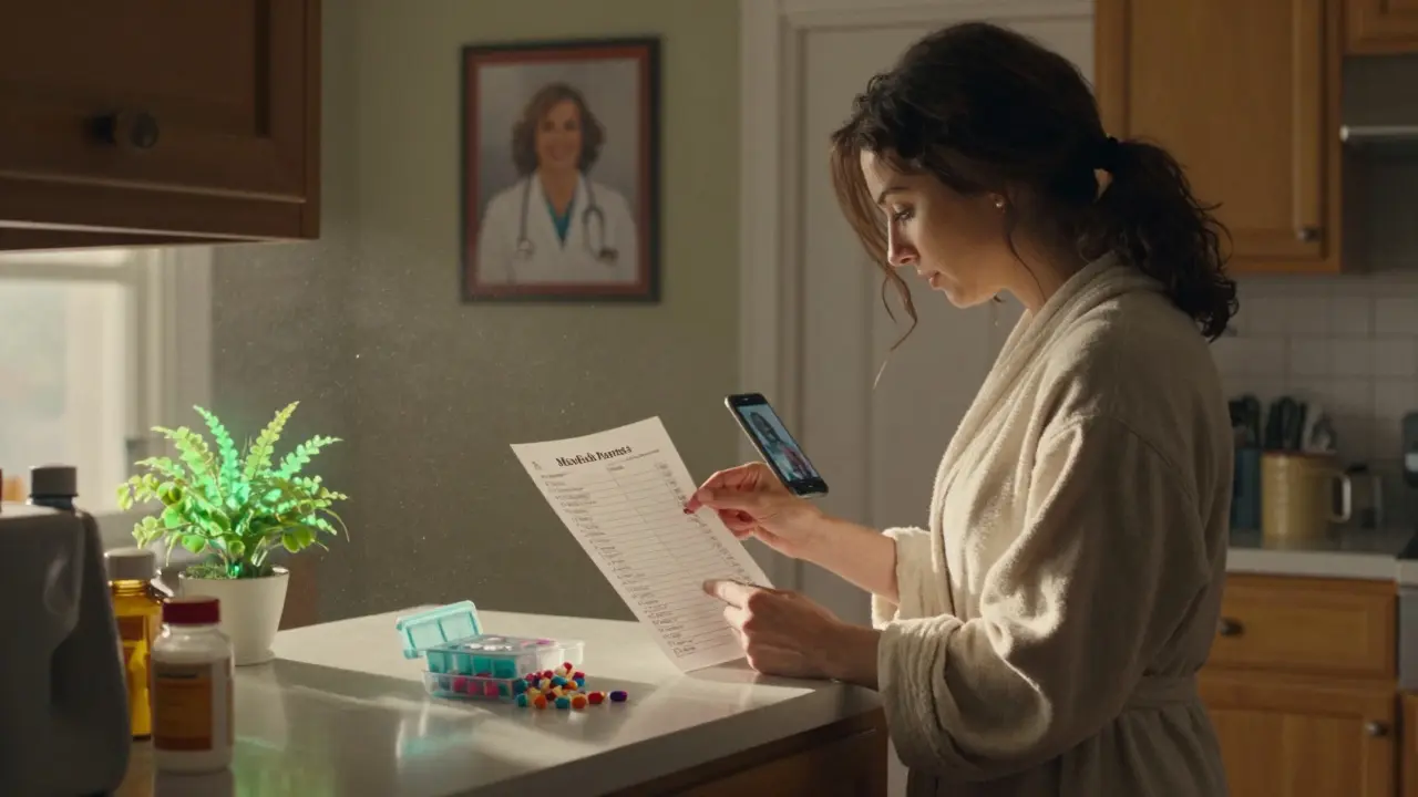 A woman in a robe checks her pill organizer against a photo on her phone, bathed in morning sunlight.