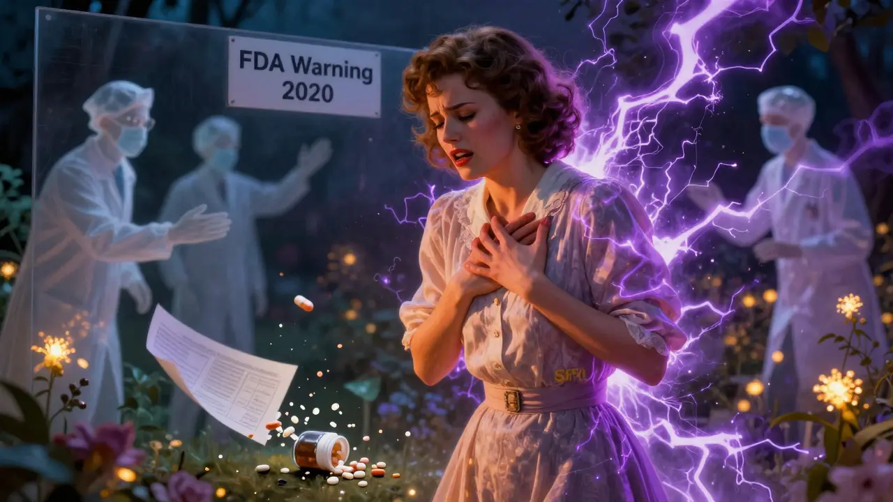 A woman in distress with opposing golden and violet energies, surrounded by floating pills and a warning label in a moonlit garden.
