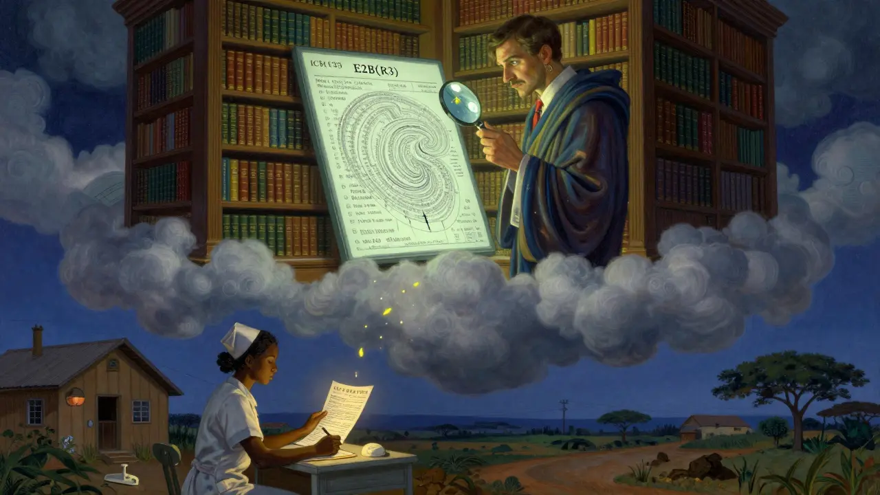 An ethereal library of drug safety reports with one nurse writing by candlelight in a rural clinic.