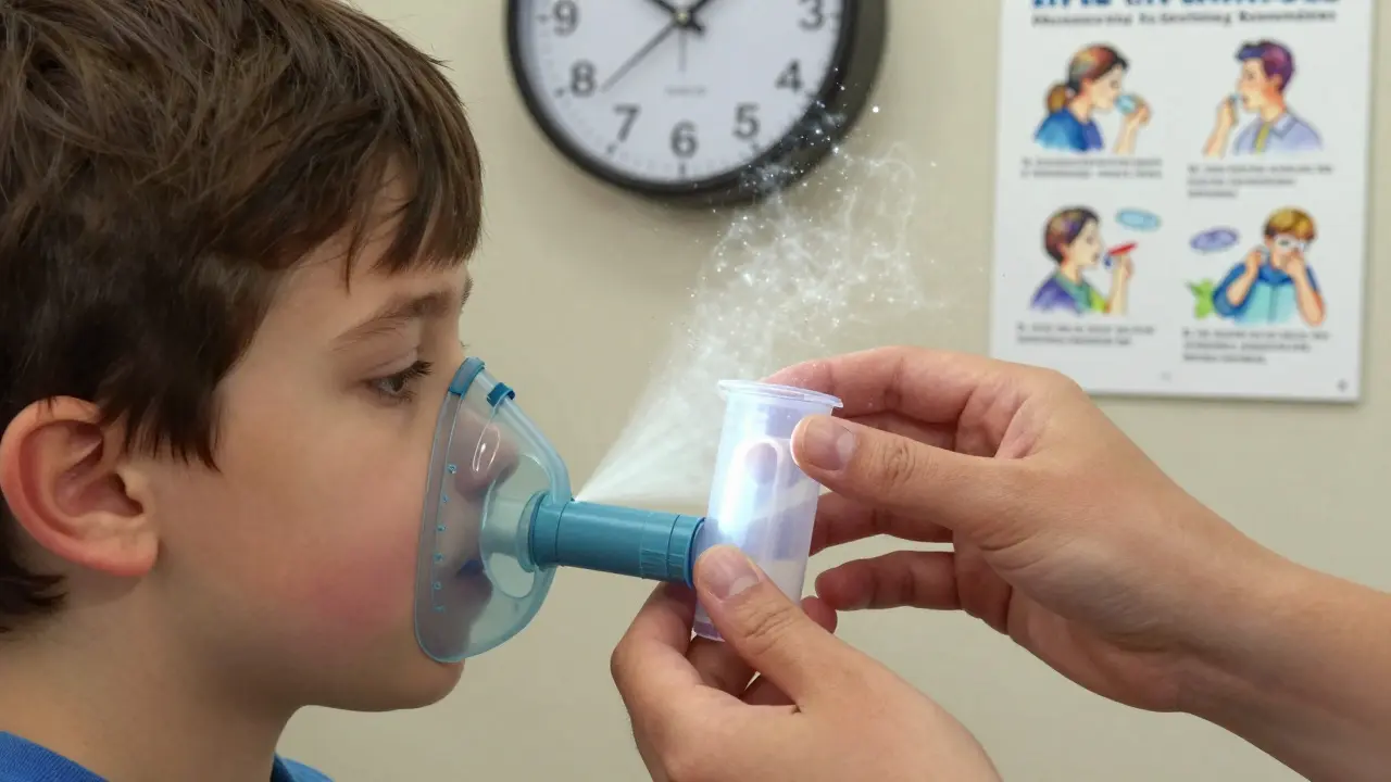 Close-up of a child's hand pressing an inhaler into a spacer while an adult secures the mask, with glowing medicine particles in the air.
