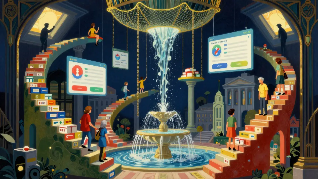 Fountain of healthcare spending with families climbing stairs to safety net